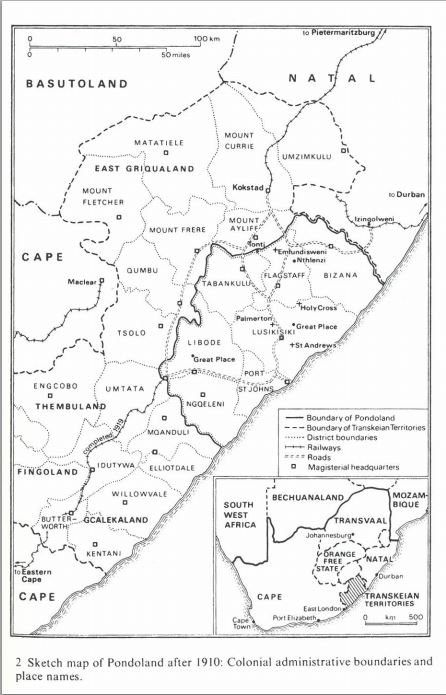 Sketch map of Pondoland after 1910: Colonial administrative boundaries and place names
