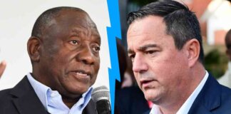 DA Draws the Line: Quits National Dialogue, Demands Action on ANC Corruption Cyril Ramaphosa and John Steenhuisen separated by a crack, representing the breakdown in the Government of National Unity.
