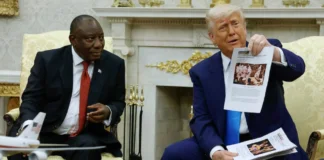 ANC Fights Trump’s Sanctions Threat as US Bill Gains Momentum President Cyril Ramaphosa and Donald Trump with US Capitol, symbolizing rising US-South Africa tensions over new sanctions bill.