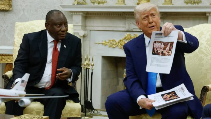 President Cyril Ramaphosa and Donald Trump with US Capitol, symbolizing rising US-South Africa tensions over new sanctions bill.