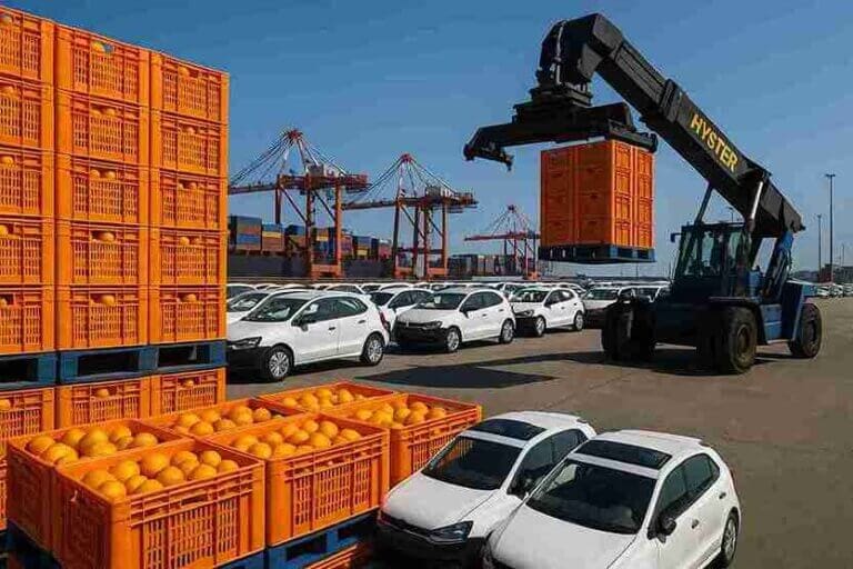 Photo of South African fruit or vehicle exports being loaded at a port—e.g., citrus fruit crates or cars at Durban harbour.