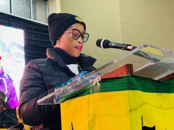 A wide shot of ANC delegates applauding during the Alfred Nzo Regional Conference closing session, with Tsileng Sobuthongo at the podium.