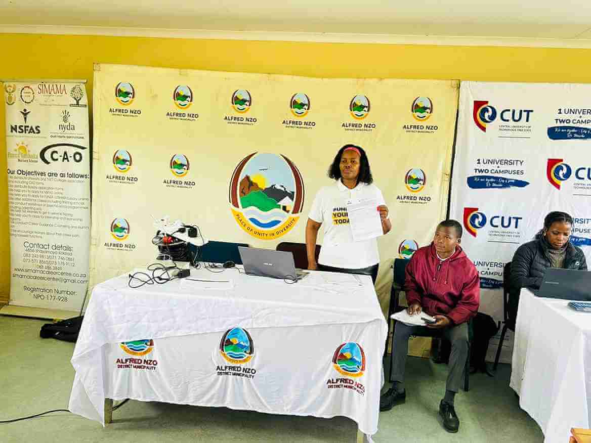“Learners at Mpeni S.S.S speak to TVET and university reps during a career expo in Ward 2, Eastern Cape.”