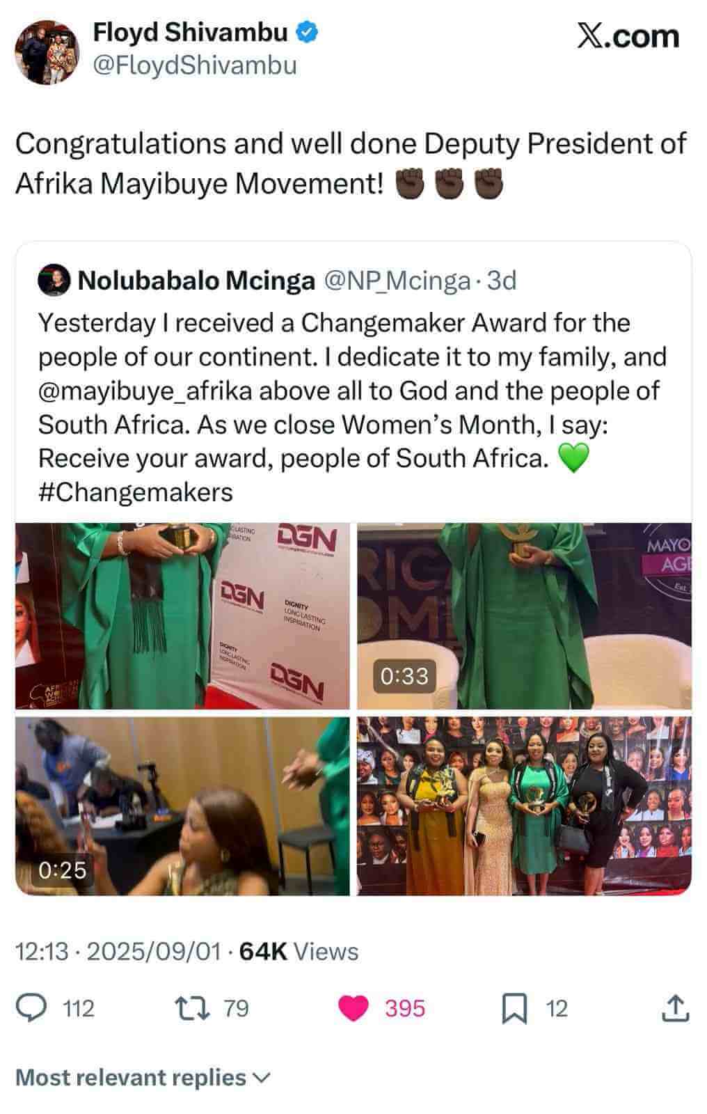 Floyd Shivambu, National Convener of the Afrika Mayibuye Movement, has confirmed Nolubabalo Mcinga as the Deputy President of the movement. Floyd Shivambu, National Convener of the Afrika Mayibuye Movement, has confirmed Nolubabalo Mcinga as the Deputy President of the movement.