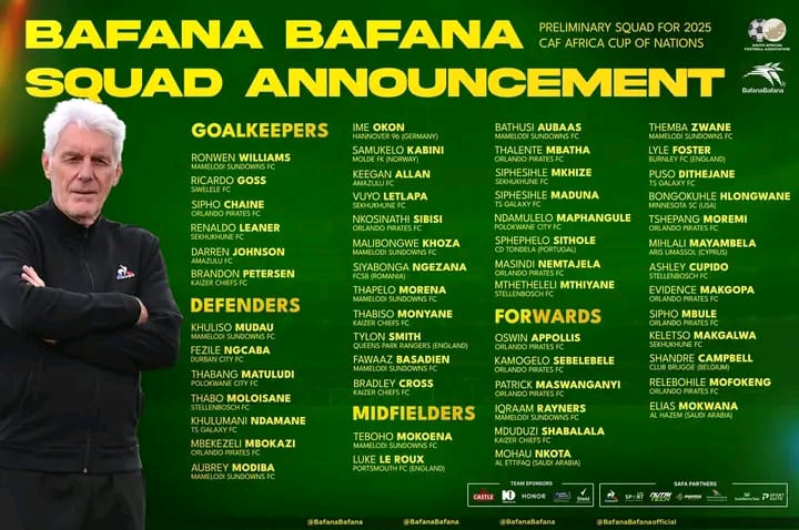 Bafana Bafana preliminary squad ahead of AFCON 2025